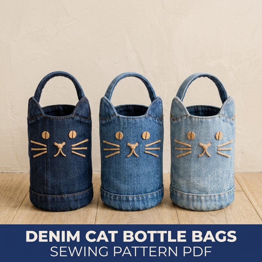 Denim Cat Bottle Bag Sewing Pattern PDF – Upcycled Jeans Water Bottle Holder