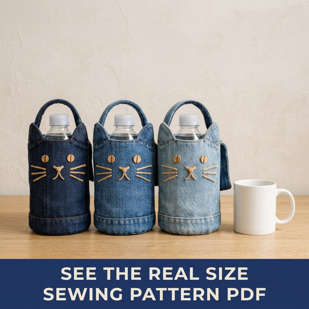 Denim Cat Bottle Bag Sewing Pattern PDF – Upcycled Jeans Water Bottle Holder