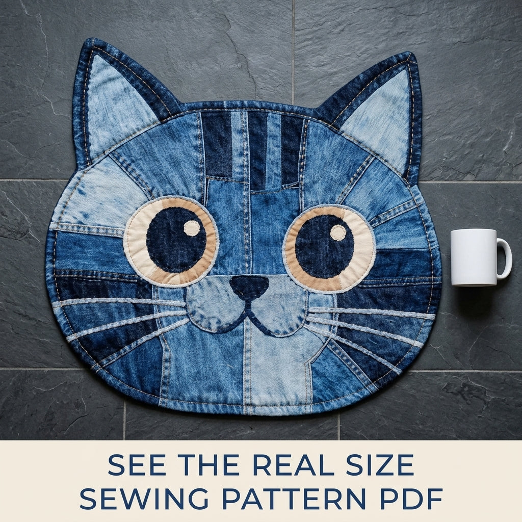 Denim Cat Face Rug Sewing Pattern PDF – Upcycled Jeans Cat Mat