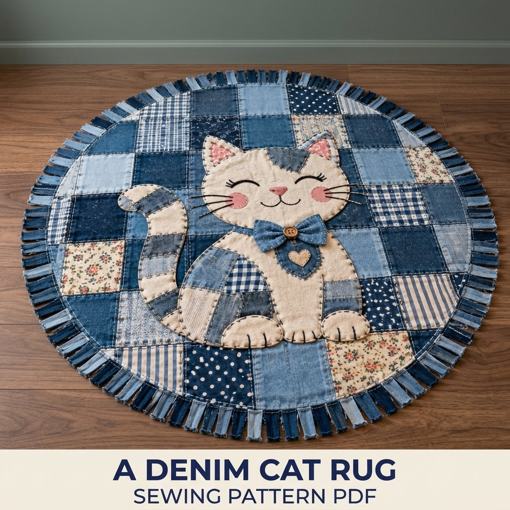 Denim Patchwork Cat Round Rug Sewing Pattern PDF – Upcycled Jeans Cat Rug