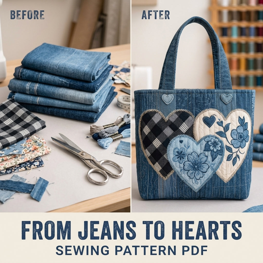 Denim Hearts Quilted Tote Sewing Pattern PDF – Upcycled Jeans Bag with Heart Appliqué