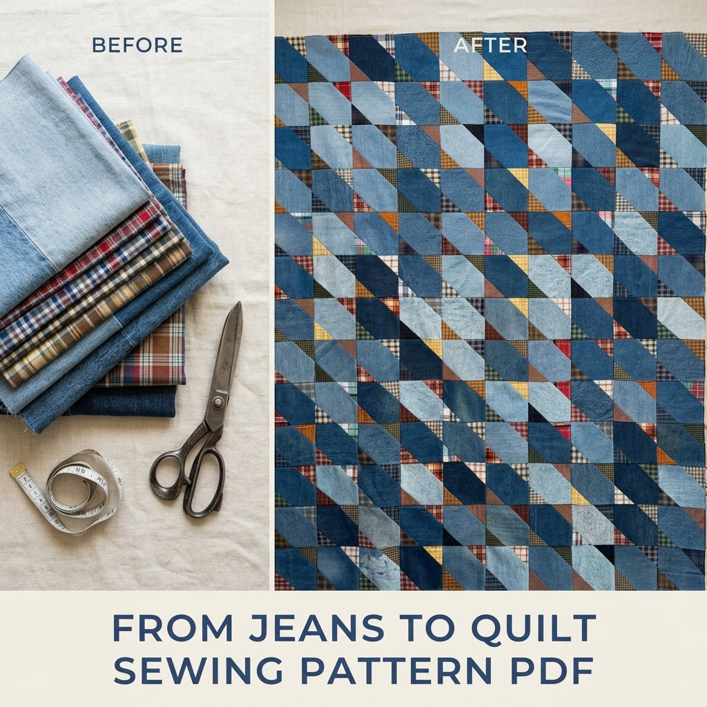 Denim and Plaid Diagonal Quilt Sewing Pattern PDF – Upcycled Jeans and Shirts Quilt