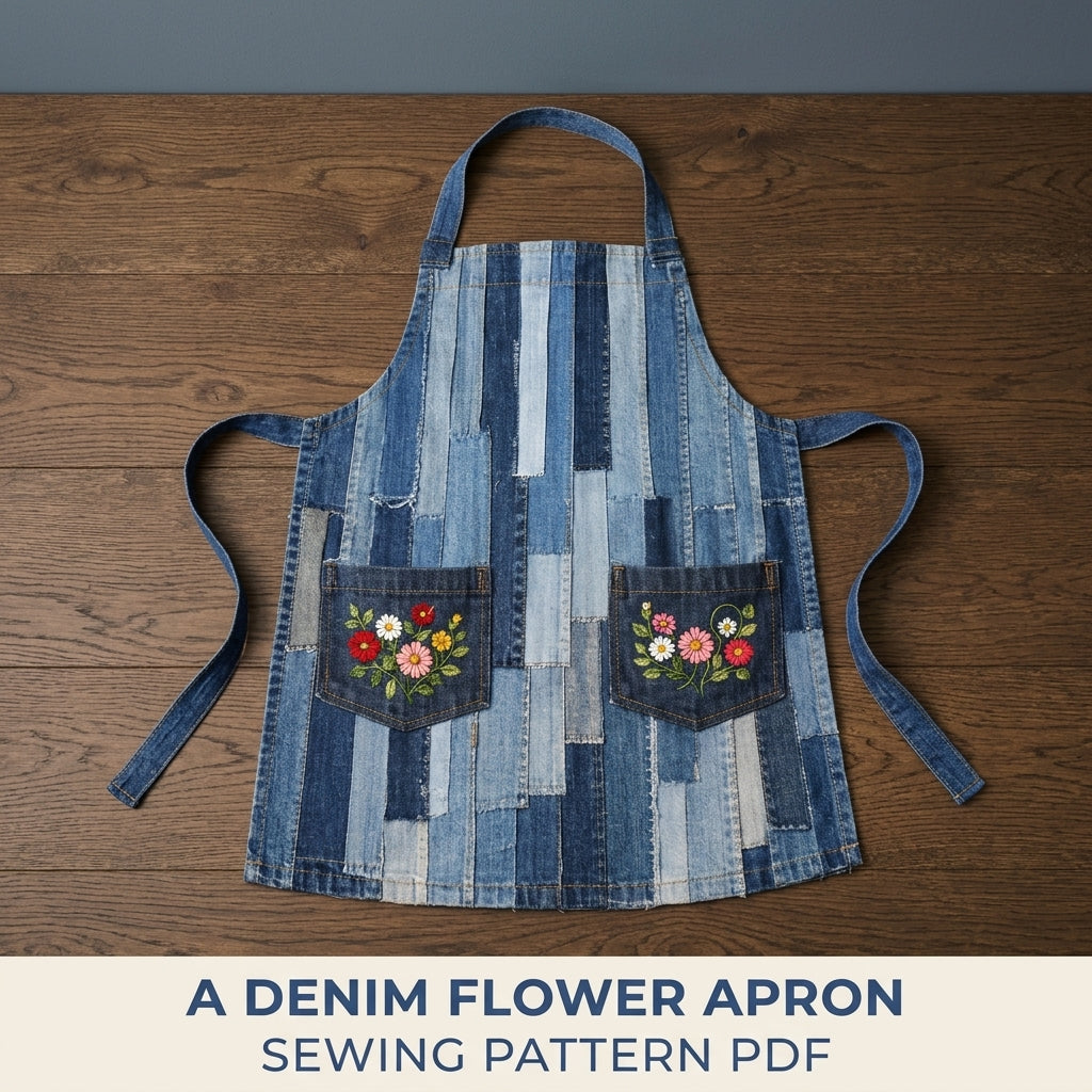 Denim Strip Patchwork Apron Sewing Pattern PDF – Upcycled Jeans Kitchen Apron