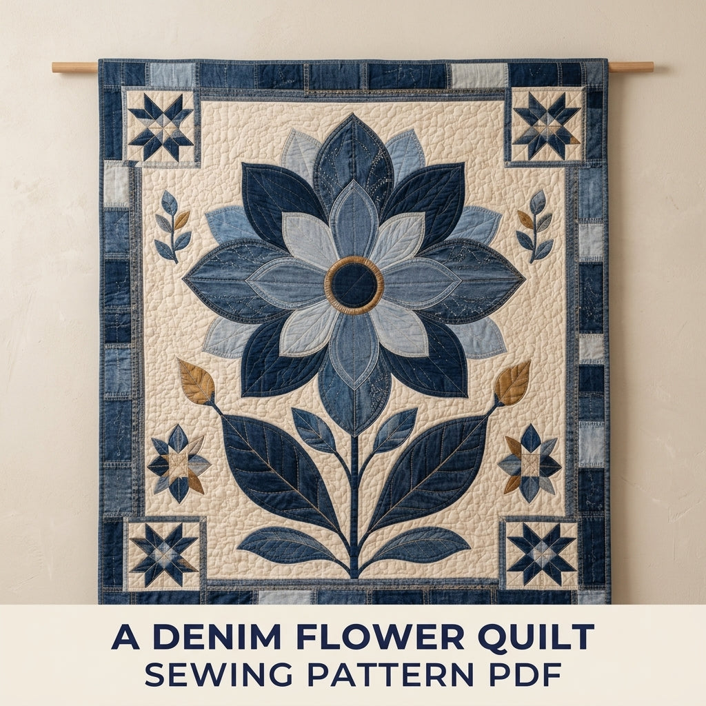 Denim Flower Medallion Quilt Sewing Pattern PDF – Upcycled Jeans Appliqué Quilt