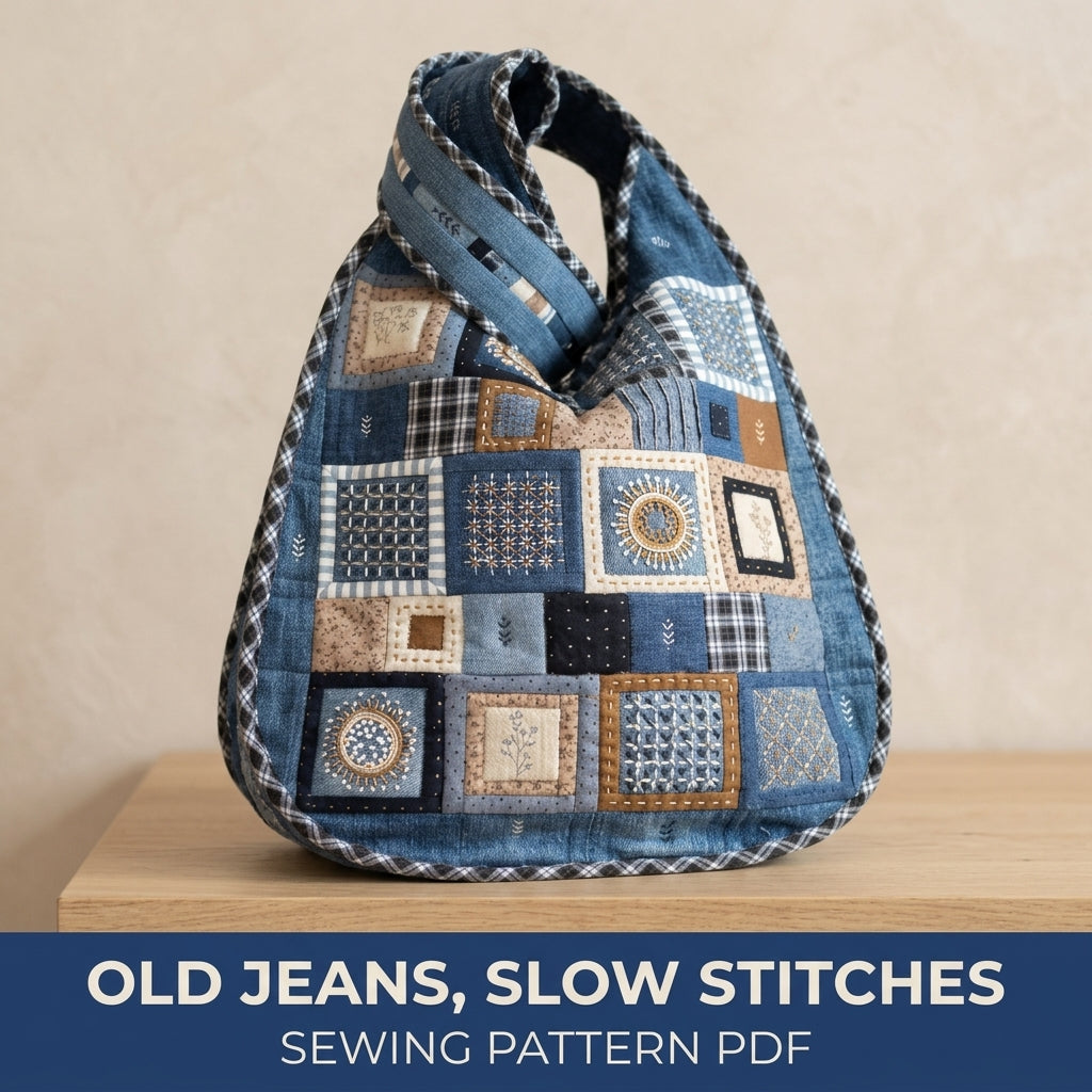 Embroidered Denim Hobo Bag Sewing Pattern PDF – Patchwork Bag with Hand Embroidery