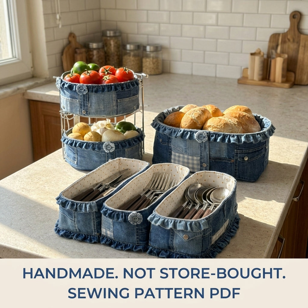 Ruffled Denim Kitchen Basket Set Sewing Pattern PDF – Bread Basket and Cutlery Trays