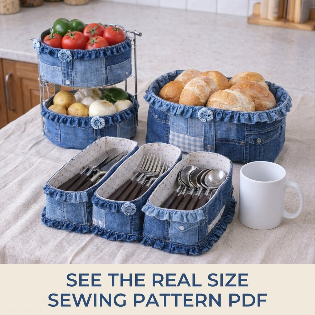 Ruffled Denim Kitchen Basket Set Sewing Pattern PDF – Bread Basket and Cutlery Trays