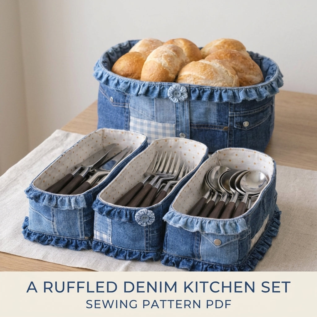 Ruffled Denim Kitchen Basket Set Sewing Pattern PDF – Bread Basket and Cutlery Trays