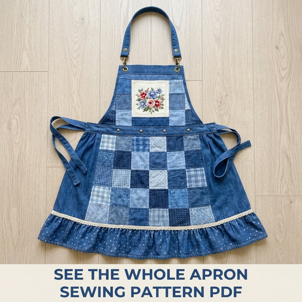 Blue Denim Patchwork Apron Sewing Pattern PDF – Upcycled Jeans Apron