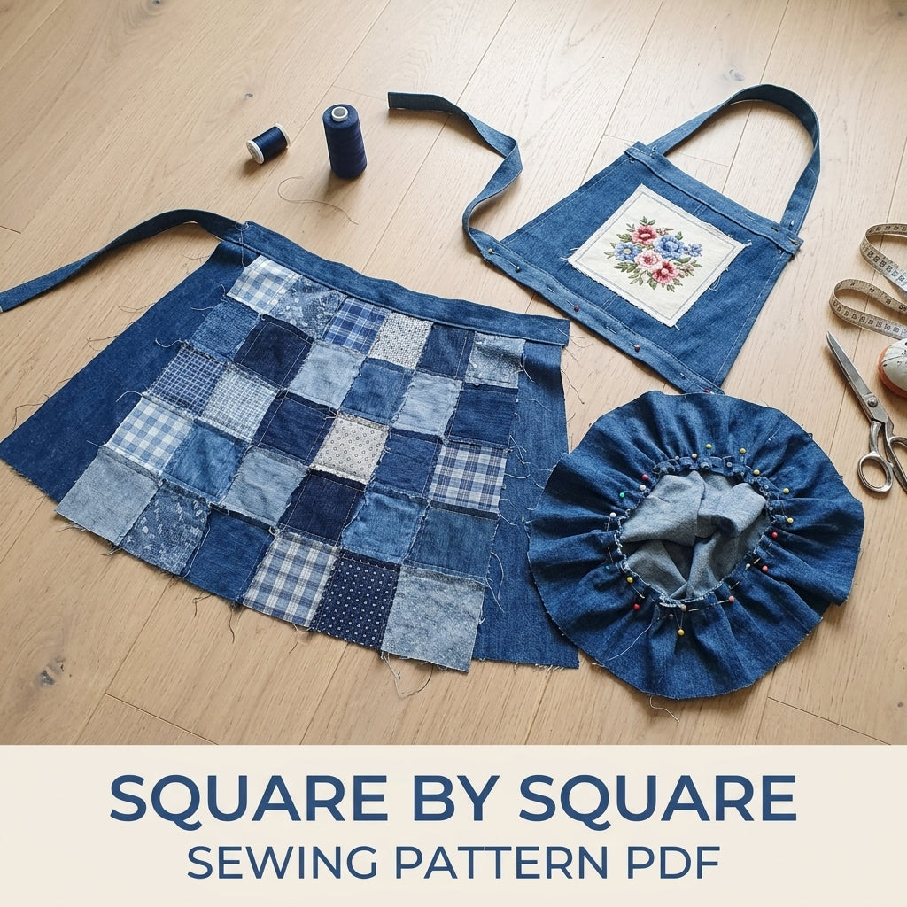 Blue Denim Patchwork Apron Sewing Pattern PDF – Upcycled Jeans Apron