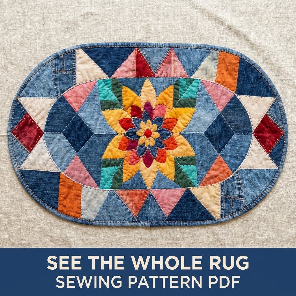 Denim Star Flower Rug Sewing Pattern PDF – Oval Patchwork Rug from Old Jeans