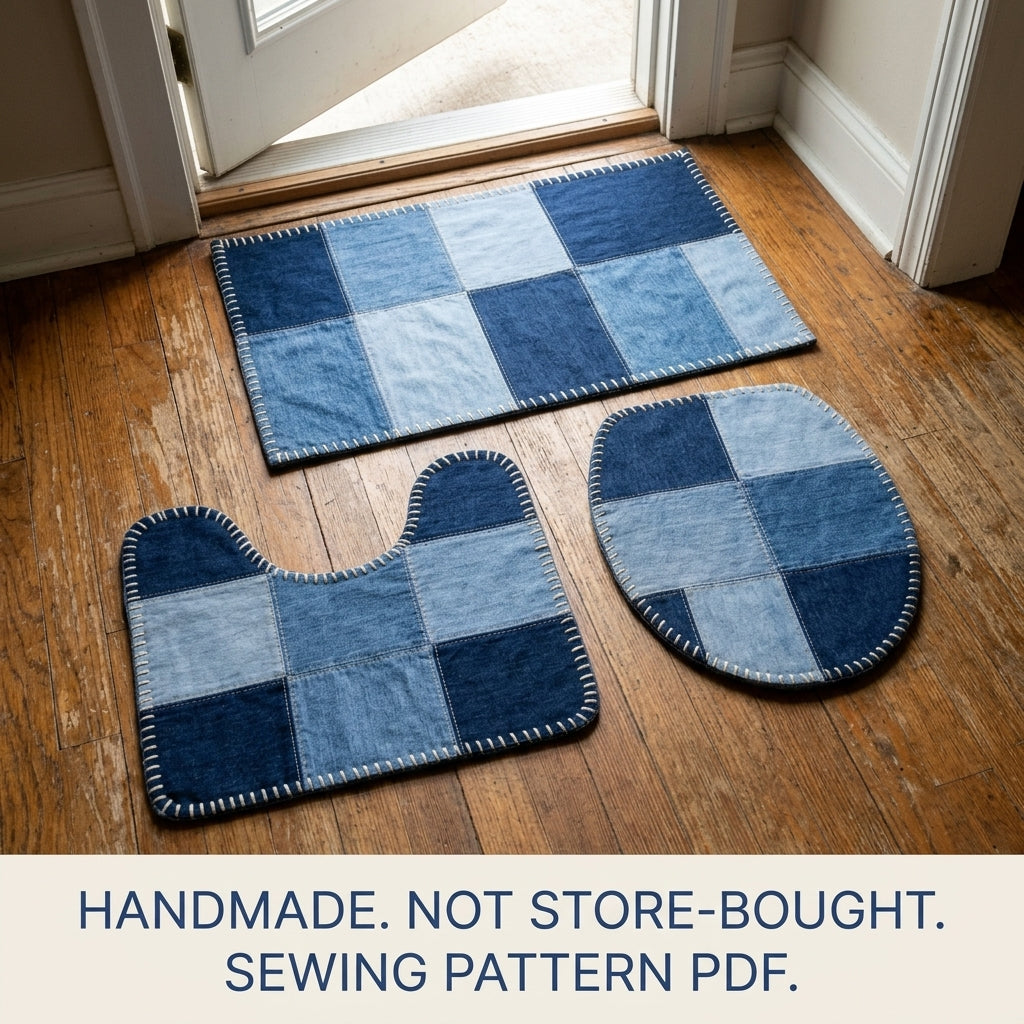 Denim Patchwork Bath Mat Set Sewing Pattern PDF – Upcycled Jeans Bathroom Rugs