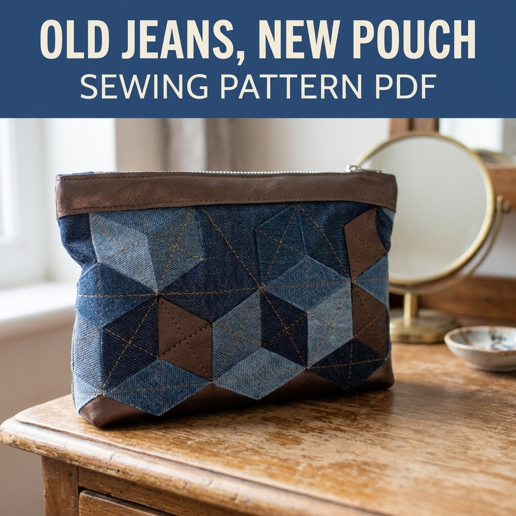 Denim Tumbling  Zip Pouch Sewing Pattern PDF – Tumbling Blocks Patchwork Pouch