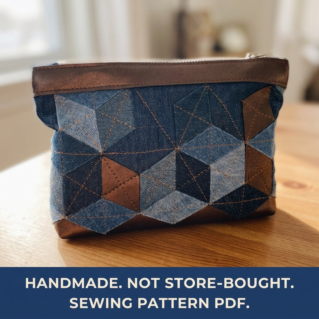 Denim Tumbling  Zip Pouch Sewing Pattern PDF – Tumbling Blocks Patchwork Pouch