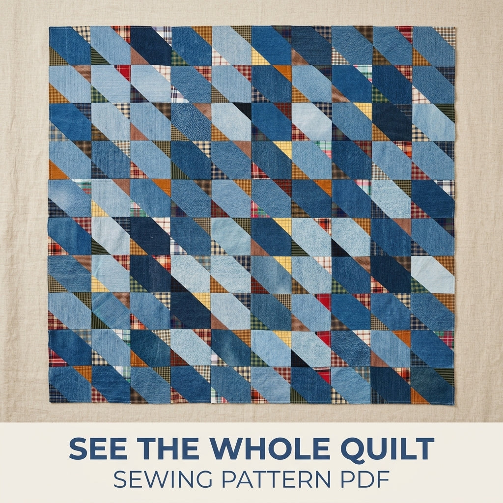 Denim and Plaid Diagonal Quilt Sewing Pattern PDF – Upcycled Jeans and Shirts Quilt