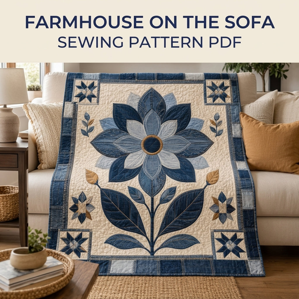 Denim Flower Medallion Quilt Sewing Pattern PDF – Upcycled Jeans Appliqué Quilt