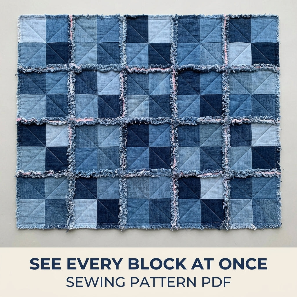 Denim Rag Quilt Sewing Pattern PDF – Easy Upcycled Jeans Quilt