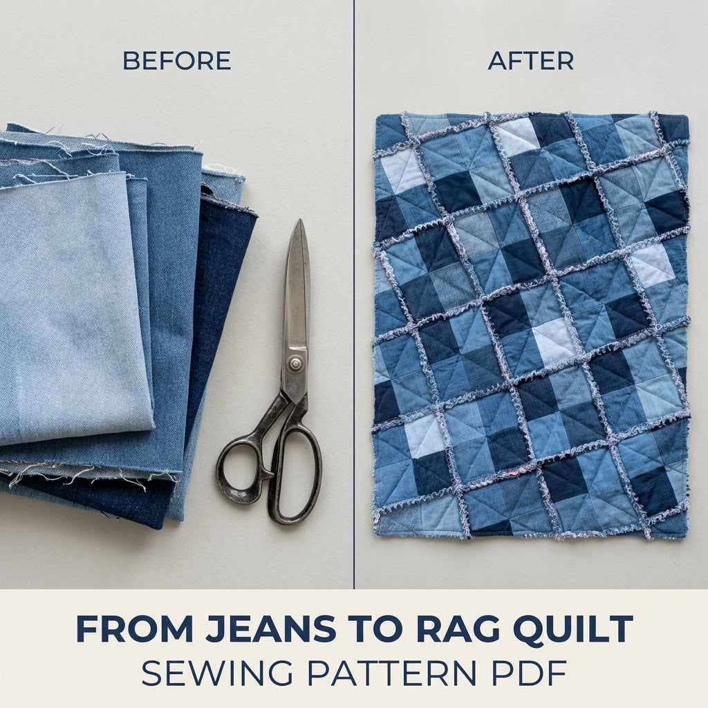 Denim Rag Quilt Sewing Pattern PDF – Easy Upcycled Jeans Quilt
