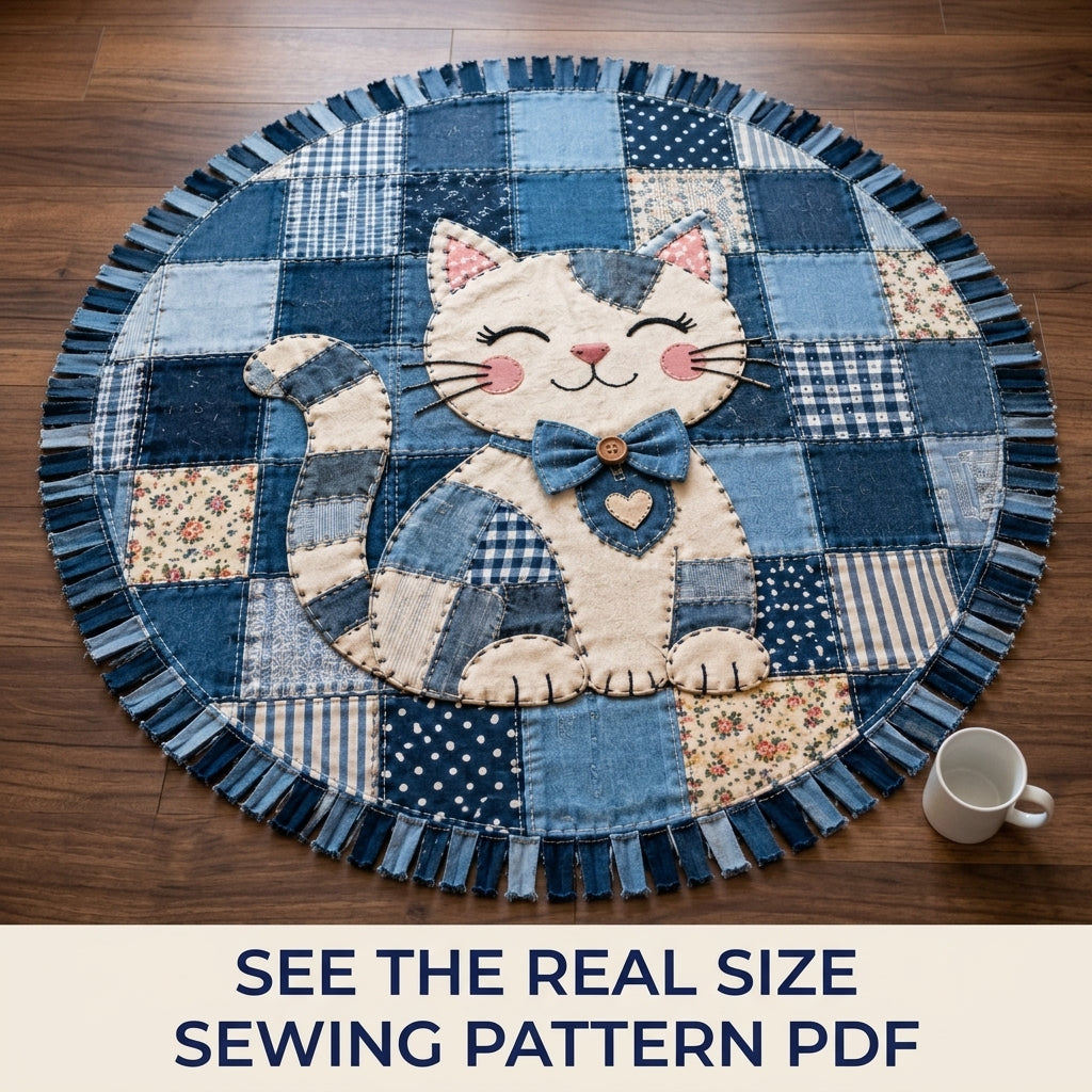 Denim Patchwork Cat Round Rug Sewing Pattern PDF – Upcycled Jeans Cat Rug