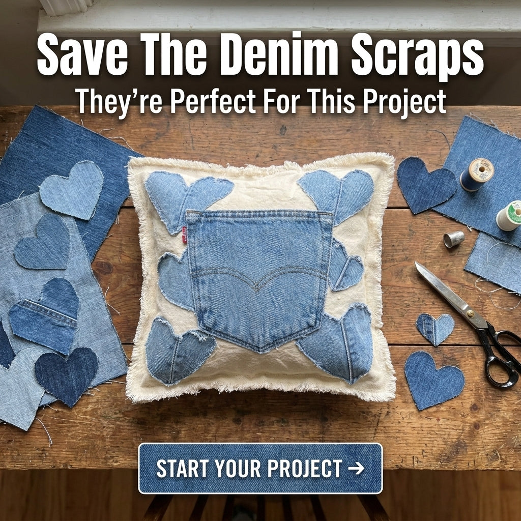 Upcycled Denim Heart Pillow Pattern | Jeans Pocket & Appliqué Hearts on Raw Canvas | Beginner Sewing Project | PDF Instant Download