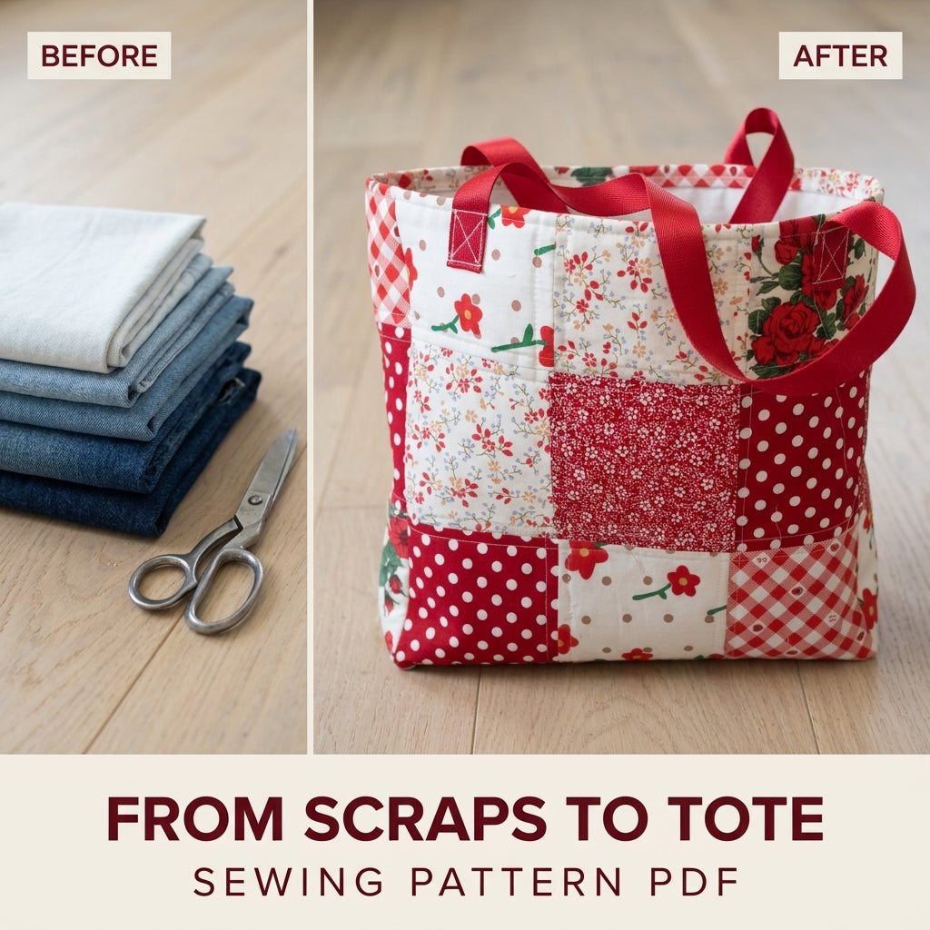 Red Patchwork Tote Sewing Pattern PDF – Easy Nine Patch Tote Bag