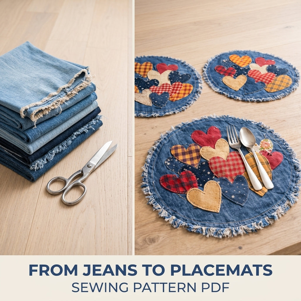 Denim Heart Placemats Sewing Pattern PDF – Upcycled Jeans Table Mats