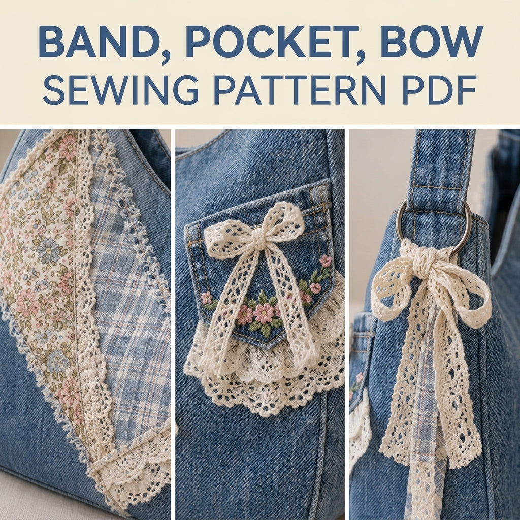 Lace Patchwork Denim Shoulder Bag Sewing Pattern PDF – Upcycled Jeans Bag with Lace