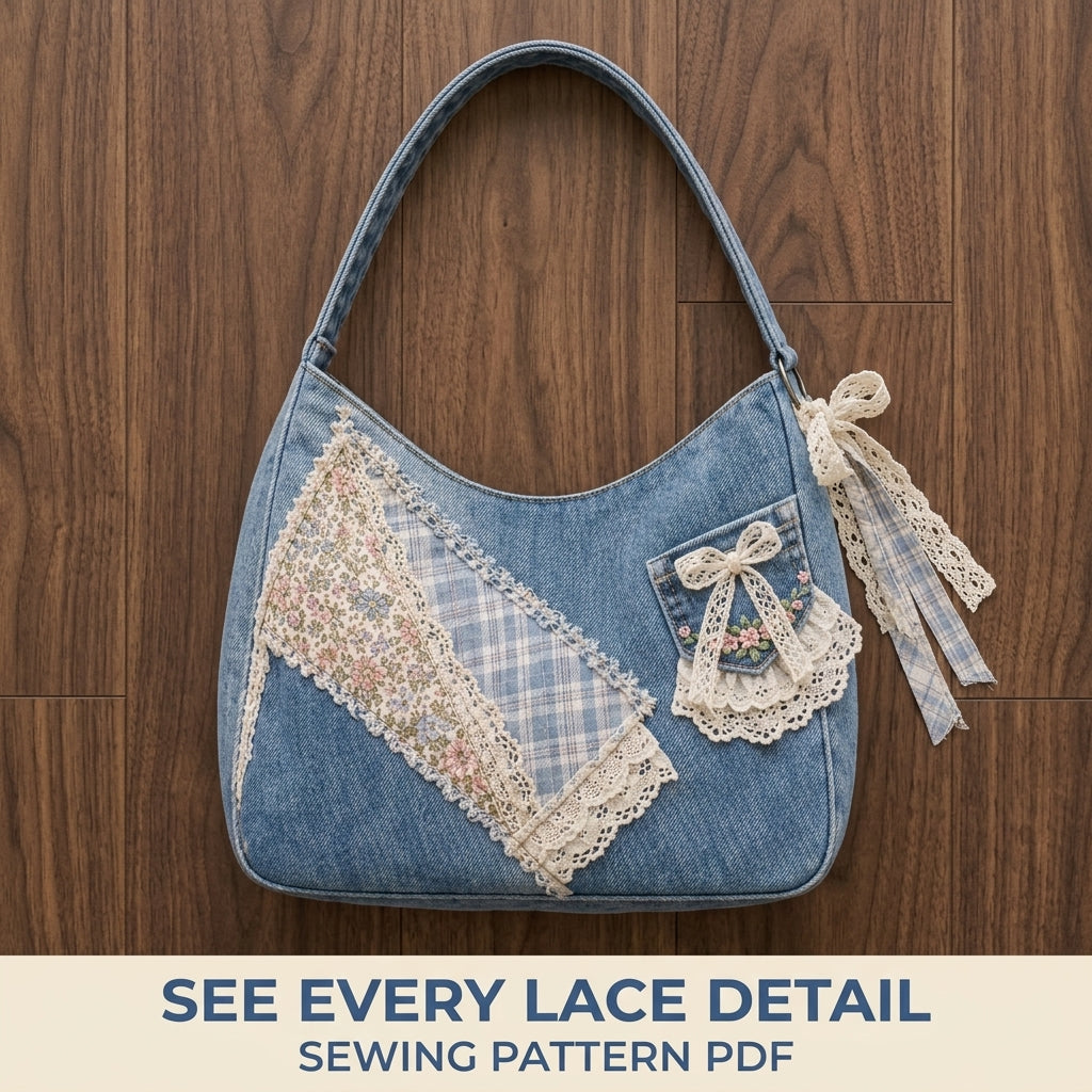 Lace Patchwork Denim Shoulder Bag Sewing Pattern PDF – Upcycled Jeans Bag with Lace