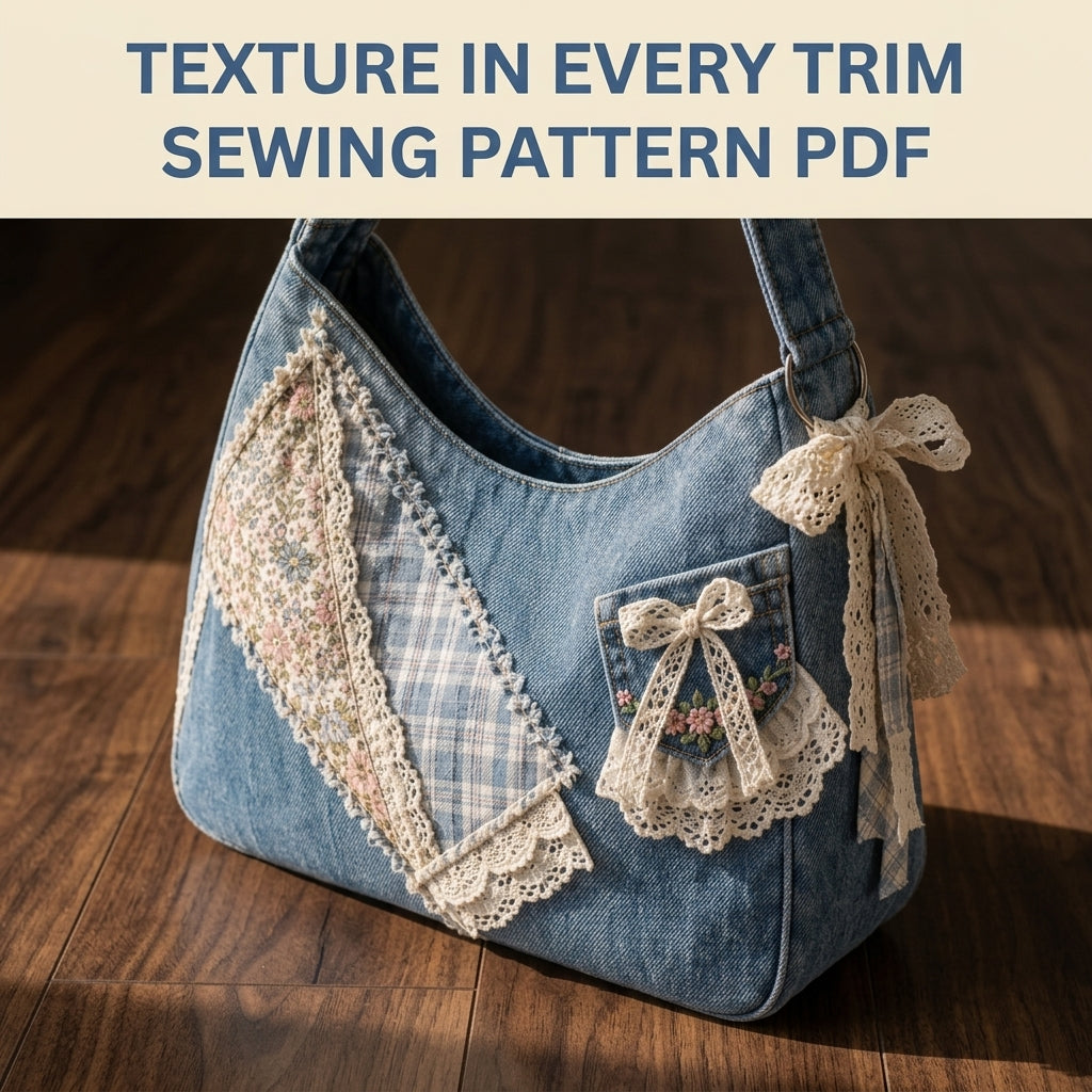 Lace Patchwork Denim Shoulder Bag Sewing Pattern PDF – Upcycled Jeans Bag with Lace