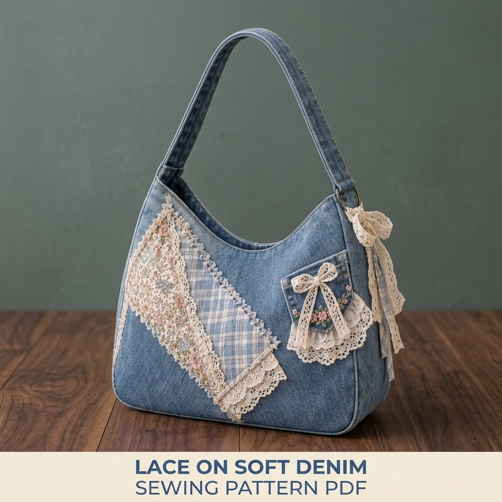 Lace Patchwork Denim Shoulder Bag Sewing Pattern PDF – Upcycled Jeans Bag with Lace