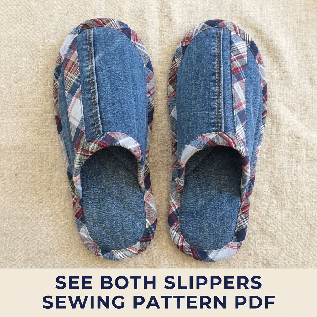 Denim Plaid Slippers Sewing Pattern PDF – Upcycled Jeans House Slippers