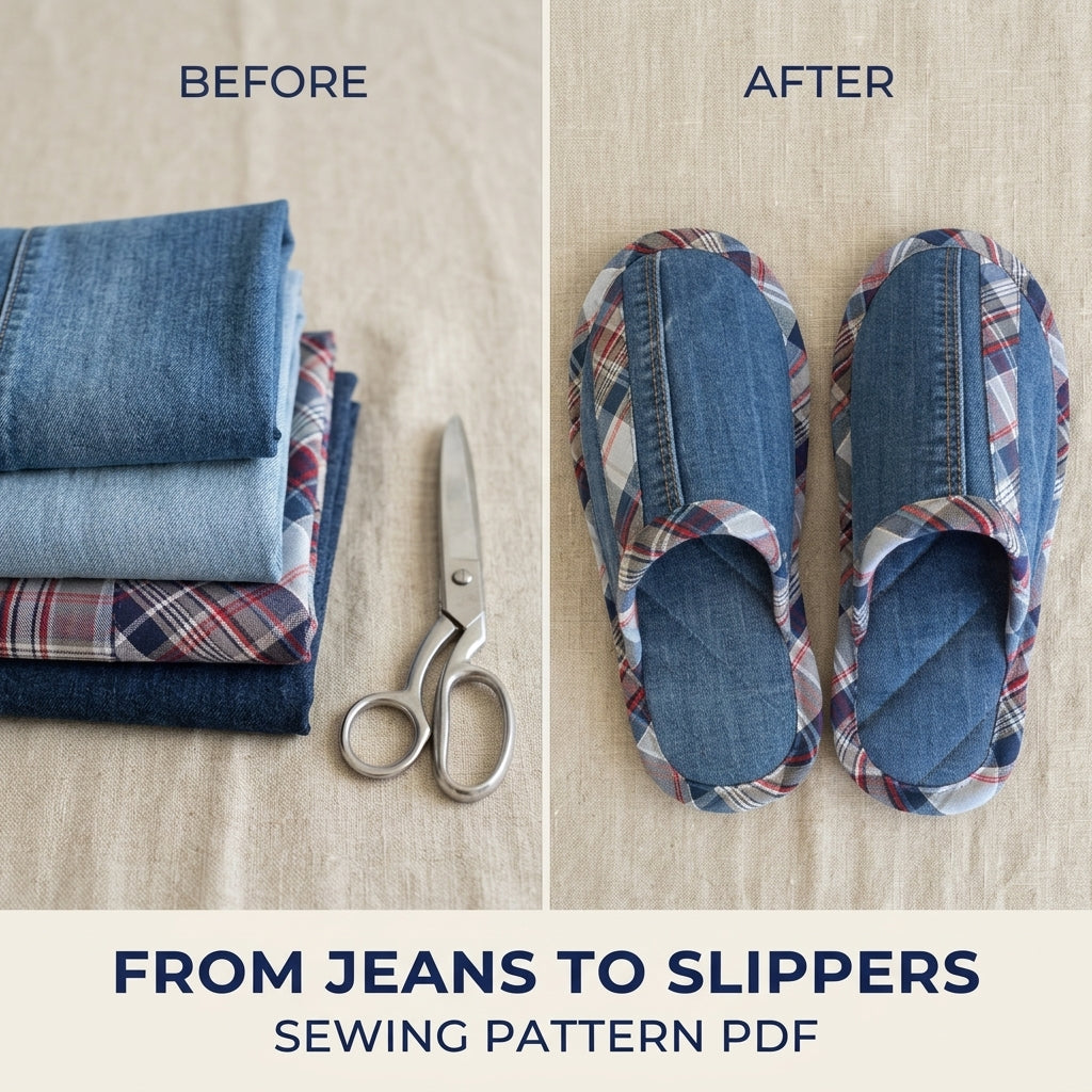 Denim Plaid Slippers Sewing Pattern PDF – Upcycled Jeans House Slippers