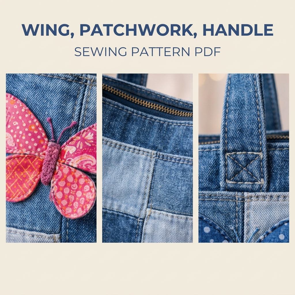 Patchwork Butterfly Denim Tote Sewing Pattern PDF – Upcycled Jeans Zip Bag