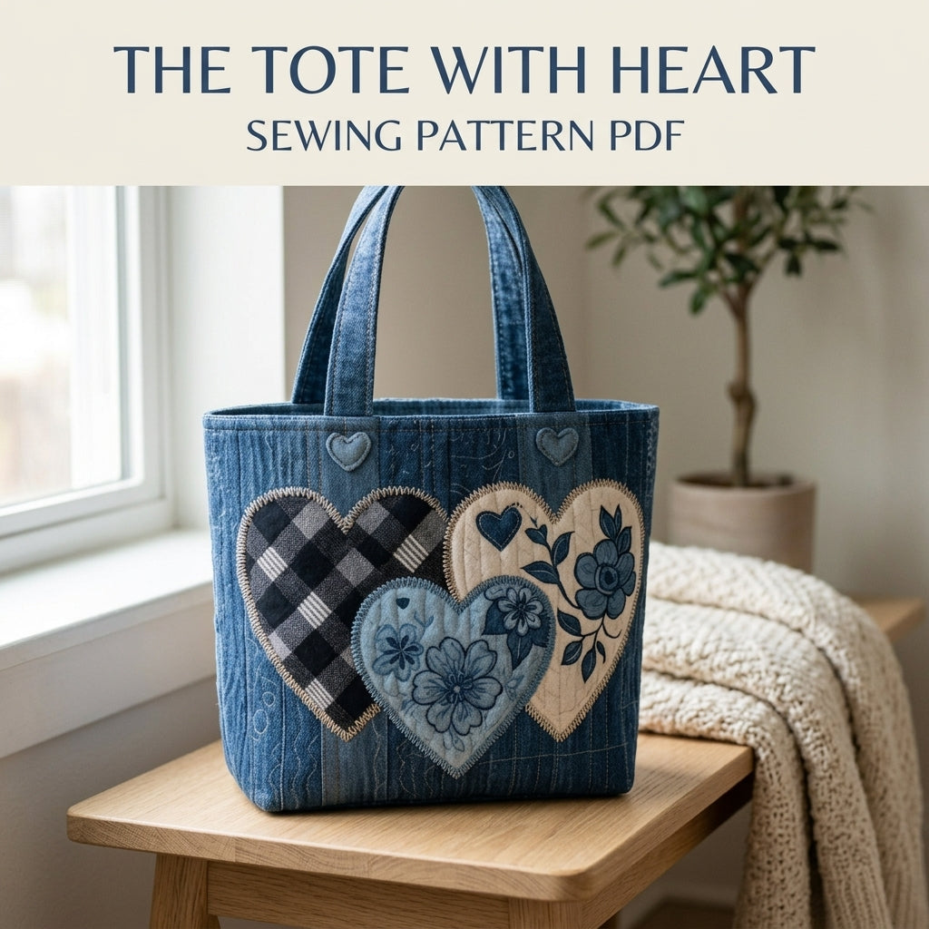 Denim Hearts Quilted Tote Sewing Pattern PDF – Upcycled Jeans Bag with Heart Appliqué