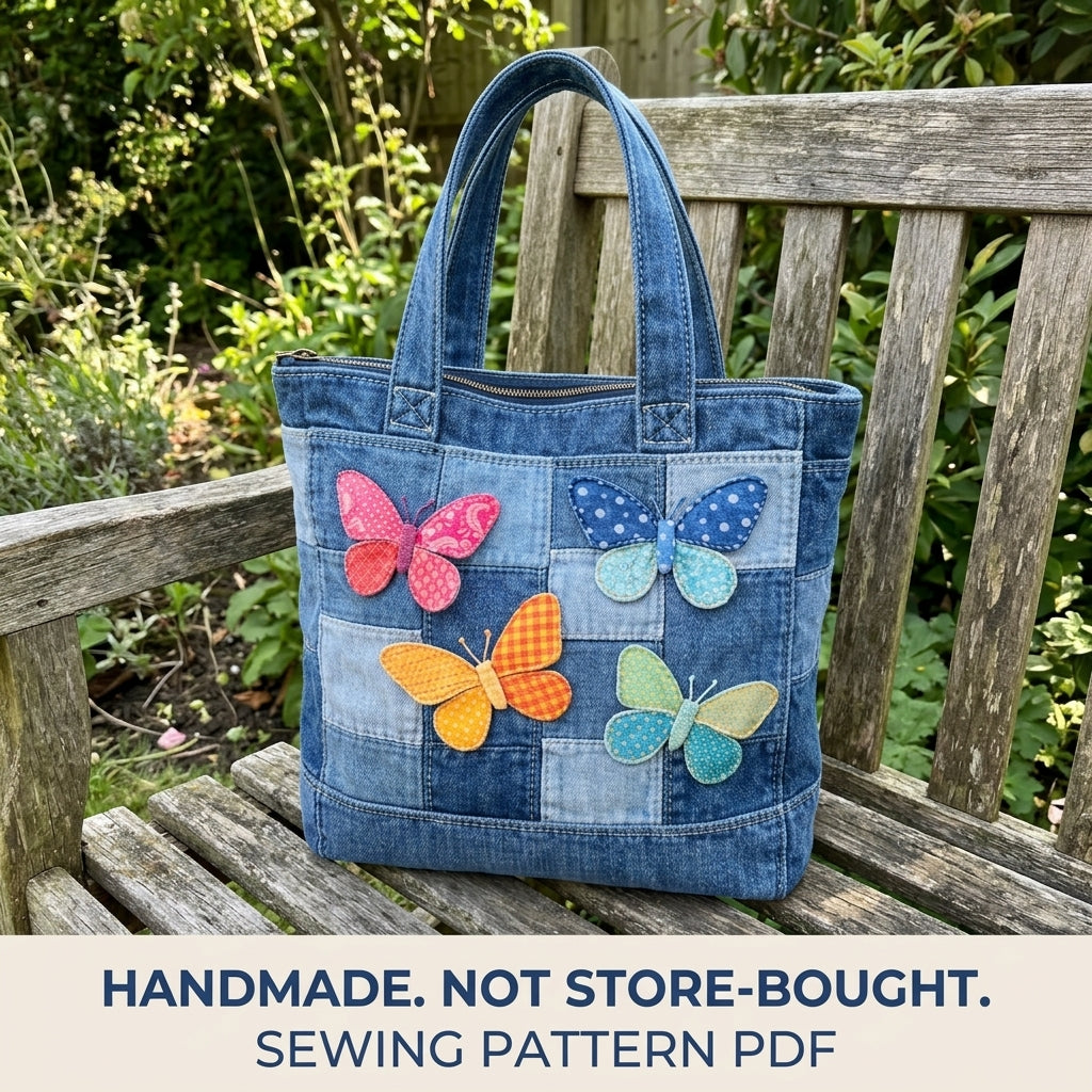 Patchwork Butterfly Denim Tote Sewing Pattern PDF – Upcycled Jeans Zip Bag