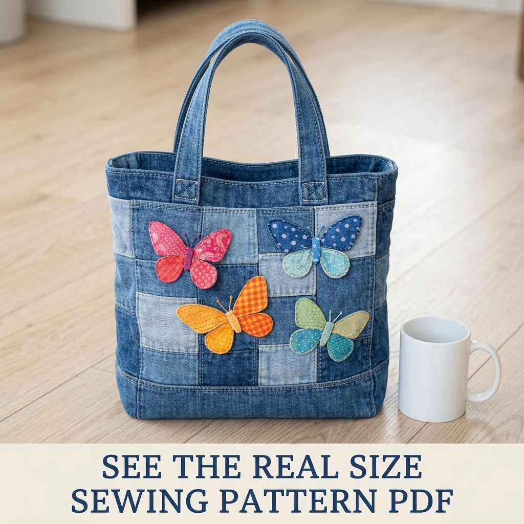 Patchwork Butterfly Denim Tote Sewing Pattern PDF – Upcycled Jeans Zip Bag
