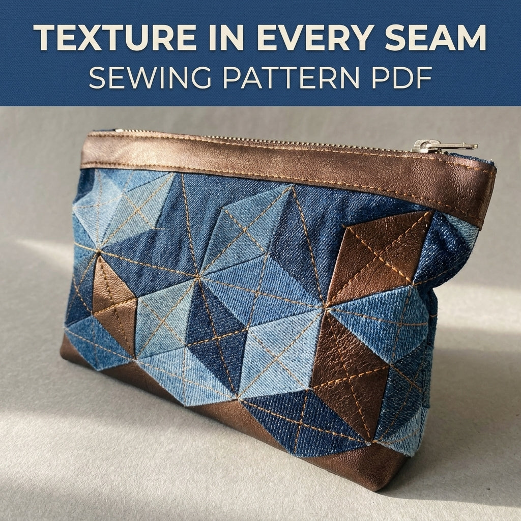 Denim Tumbling  Zip Pouch Sewing Pattern PDF – Tumbling Blocks Patchwork Pouch
