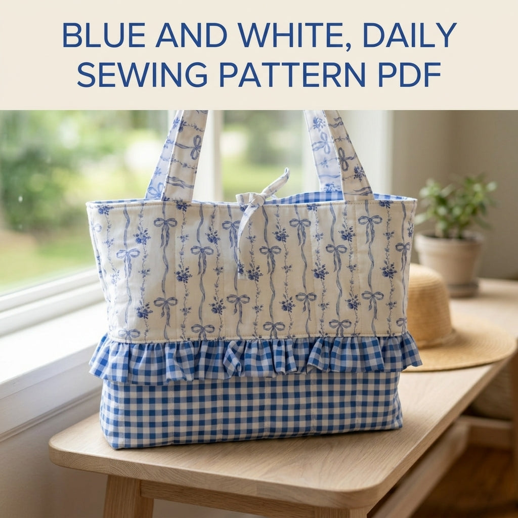 Bow Print Ruffle Tote Sewing Pattern PDF – Blue and White Gingham Bag
