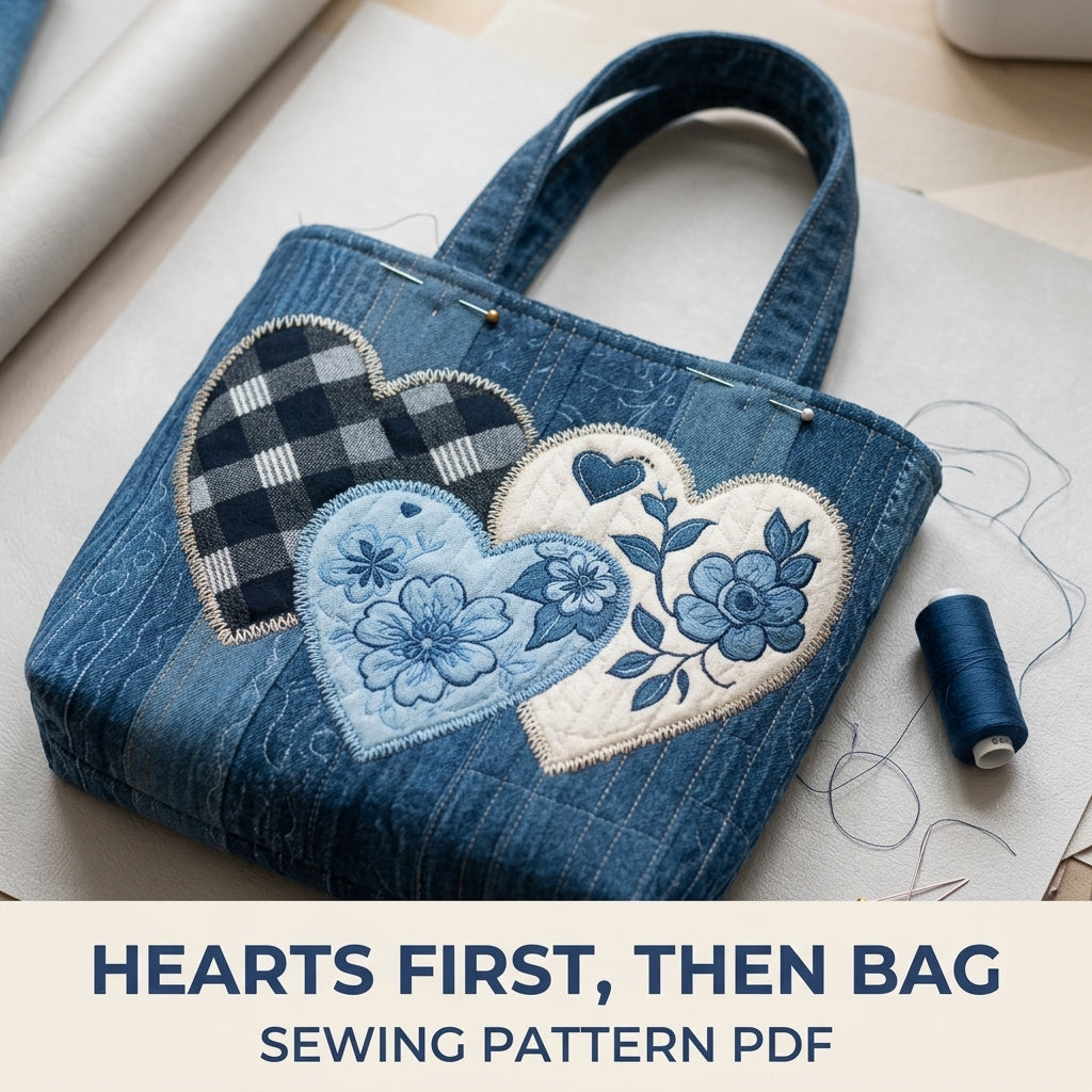 Denim Hearts Quilted Tote Sewing Pattern PDF – Upcycled Jeans Bag with Heart Appliqué