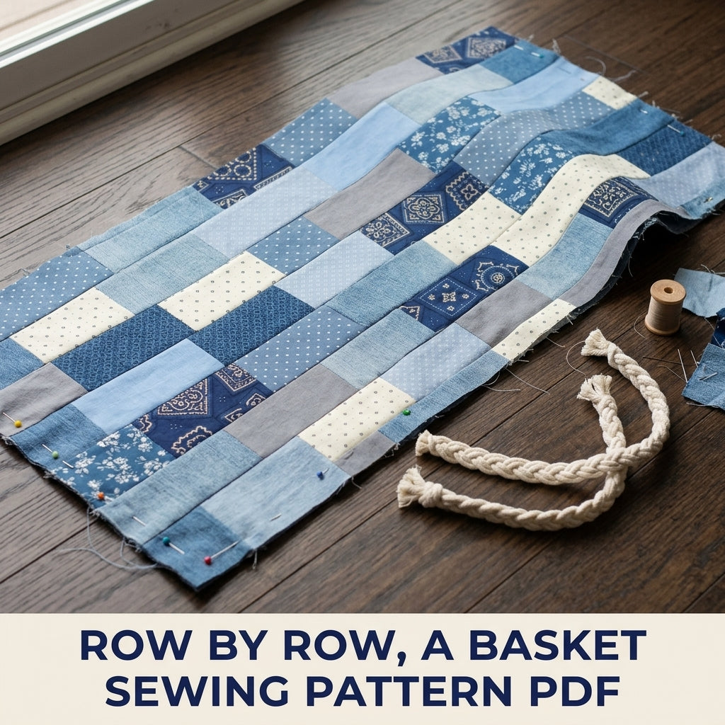 Denim Brick Patchwork Basket Sewing Pattern PDF – Upcycled Jeans Storage Bin