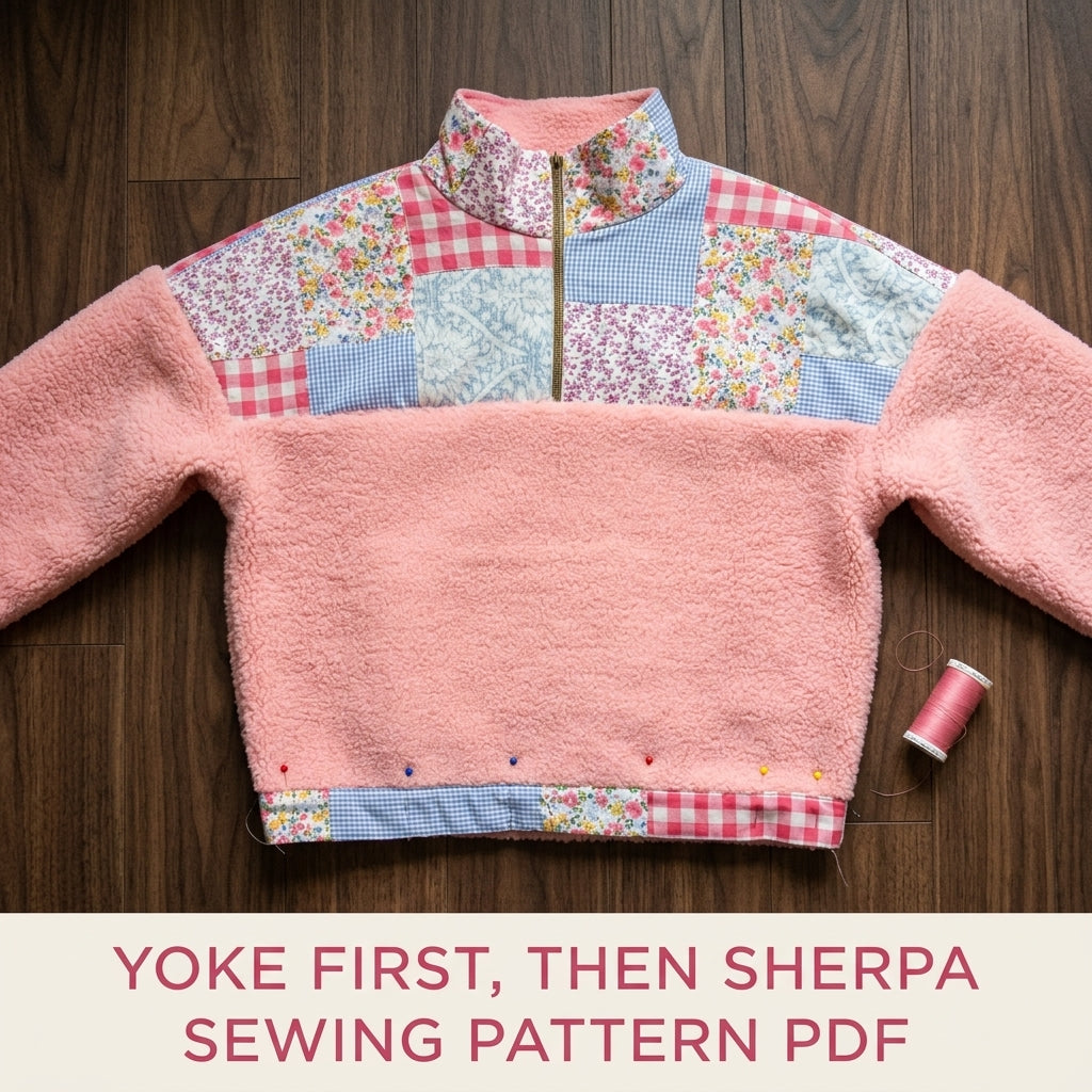Patchwork Sherpa Half-Zip Pullover Sewing Pattern PDF – Gingham and Floral Yoke Sweater