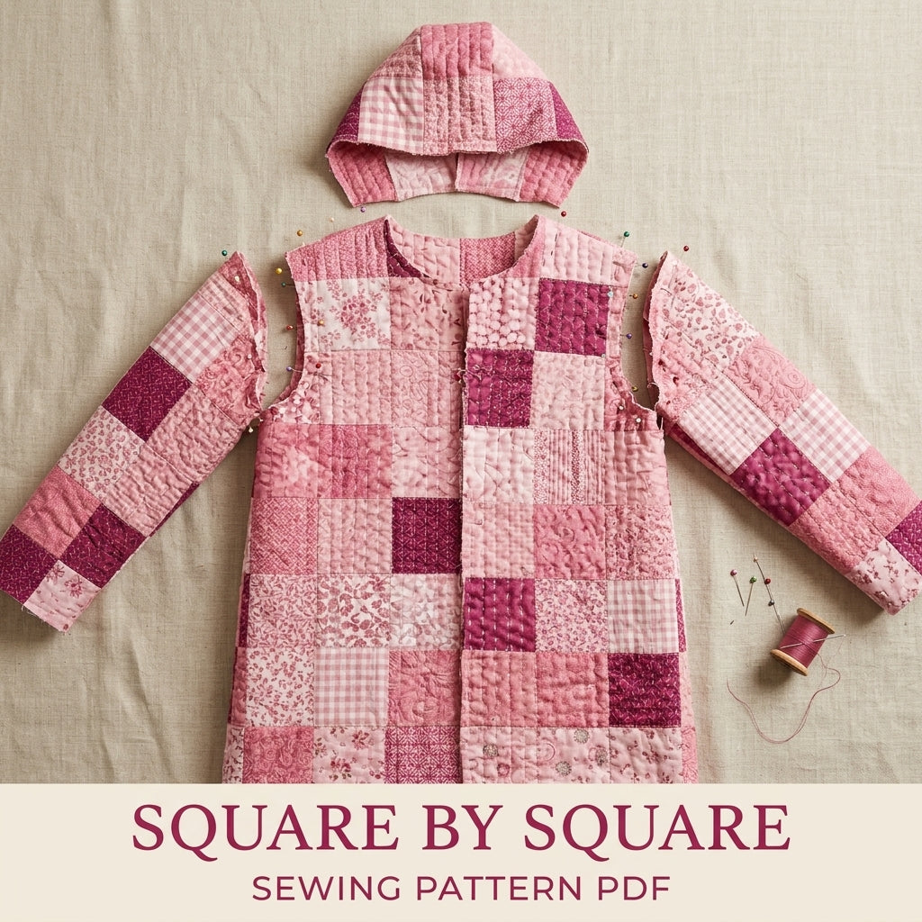 Pink Patchwork Hooded Quilt Coat Sewing Pattern PDF – Long Quilted Coat