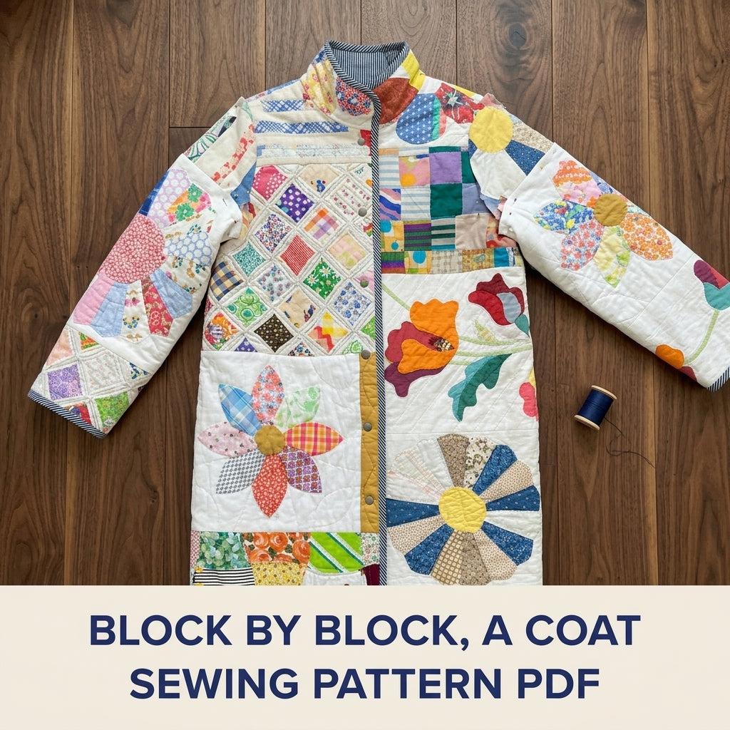 Vintage Patchwork Quilt Coat Sewing Pattern PDF – Long Coat from Orphan Quilt Blocks