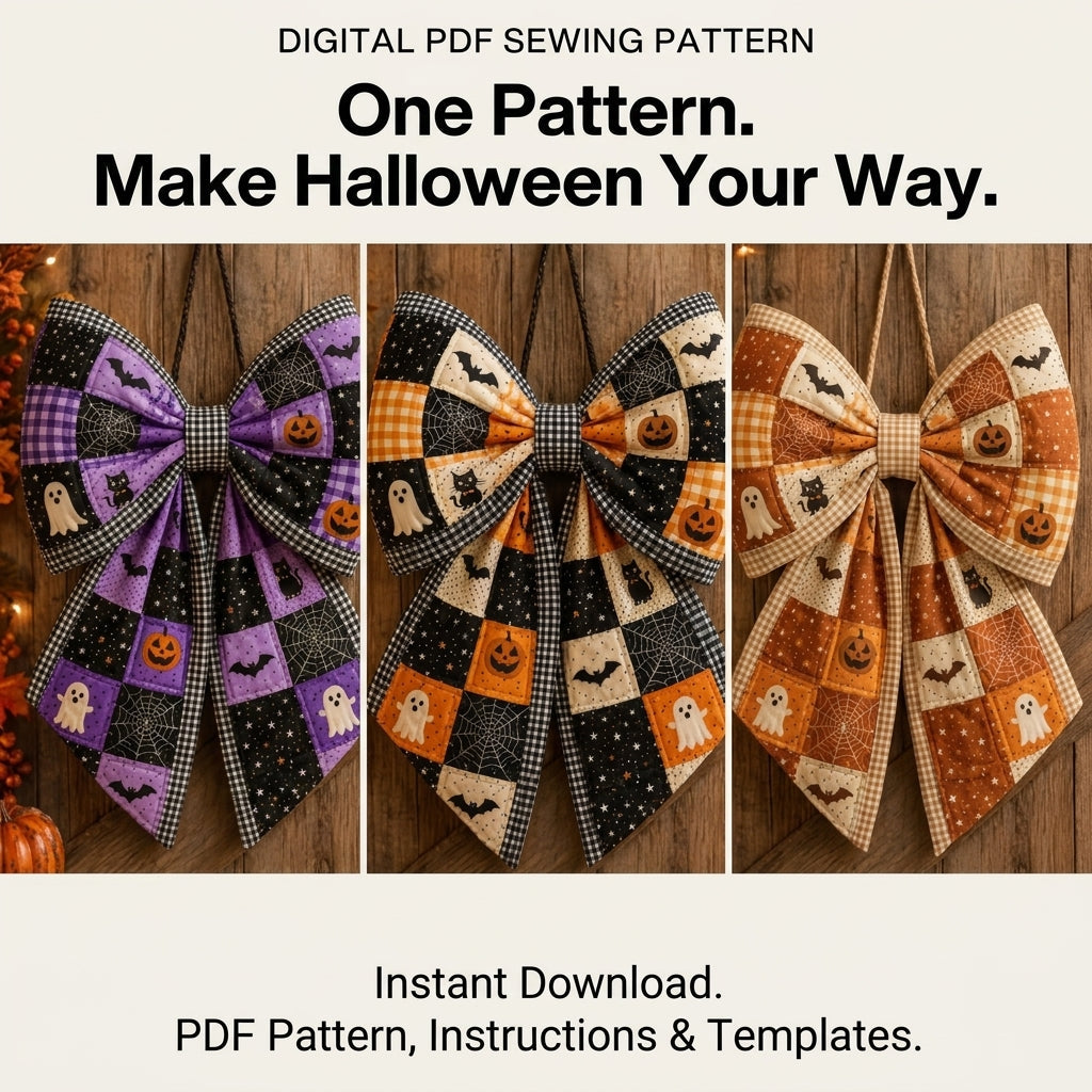 Quilted Door Bow Sewing Pattern — Oversized Patchwork Bow Hanger for Halloween, 2 Sizes, PDF Download