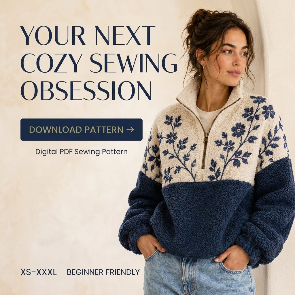 Half-Zip Sweatshirt Sewing Pattern — Colour-Block Sherpa Pullover with Stand Collar, Sizes XS–3XL, A0 and A4 Layered PDF