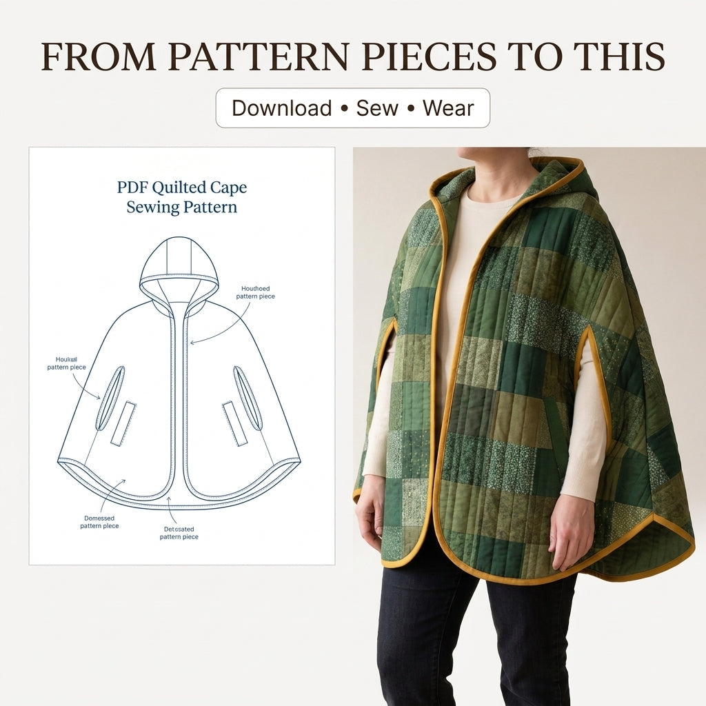 Quilted Cape Sewing Pattern – Hooded Patchwork Cape with Arm Slits