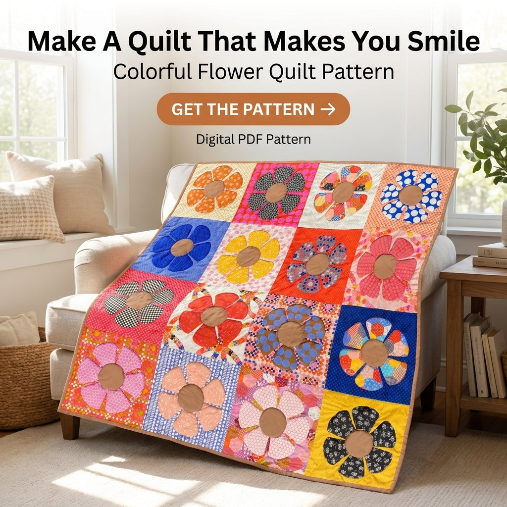 Retro Flower Quilt Pattern | Appliqué Petal Blocks in Scrappy Prints | Beginner Quilt with Full-Size Templates | PDF Instant Download