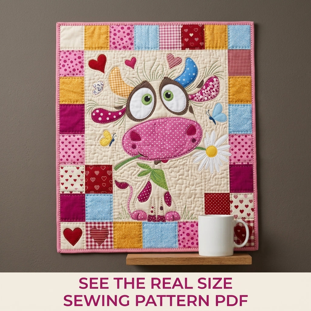 Cow Appliqué Mini Quilt Sewing Pattern PDF – Whimsical Farm Wall Quilt