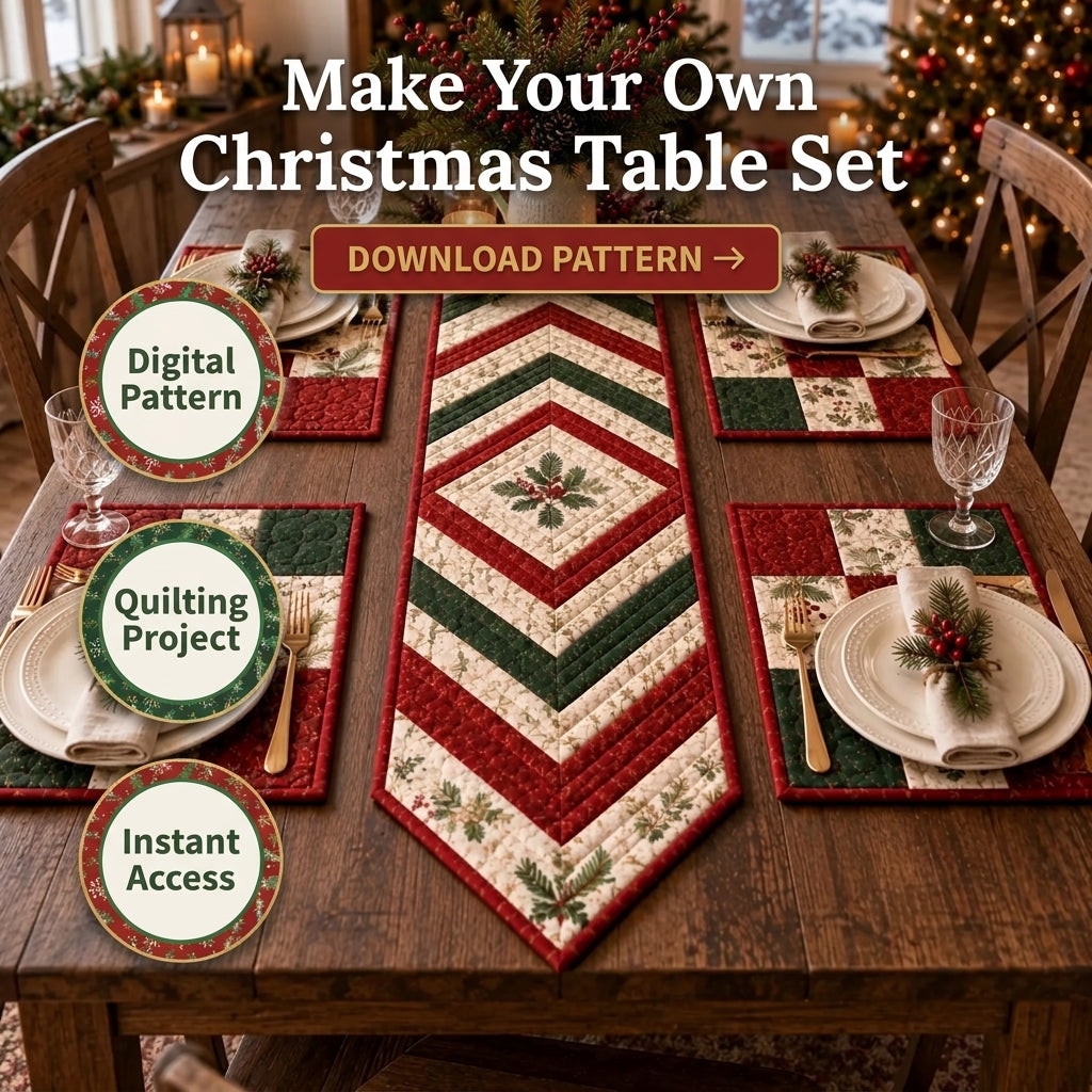 Christmas Table Runner & Placemats Quilt Pattern | Chevron Strip-Pieced Set of 5 | Beginner Quilting Project | PDF Instant Download