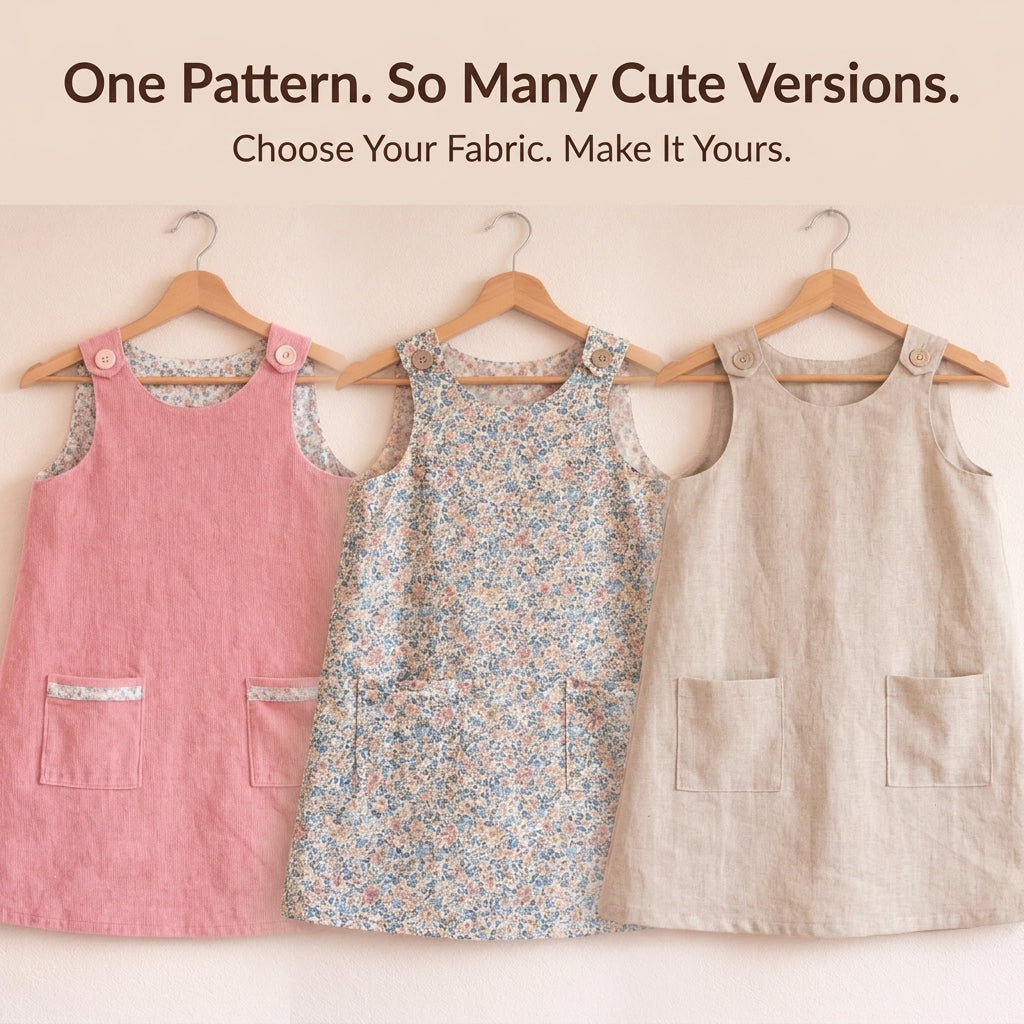 Girls' Pinafore Dress Sewing Pattern — Lined A-Line Pinafore with Patch Pockets, Ages 1–10, PDF Download